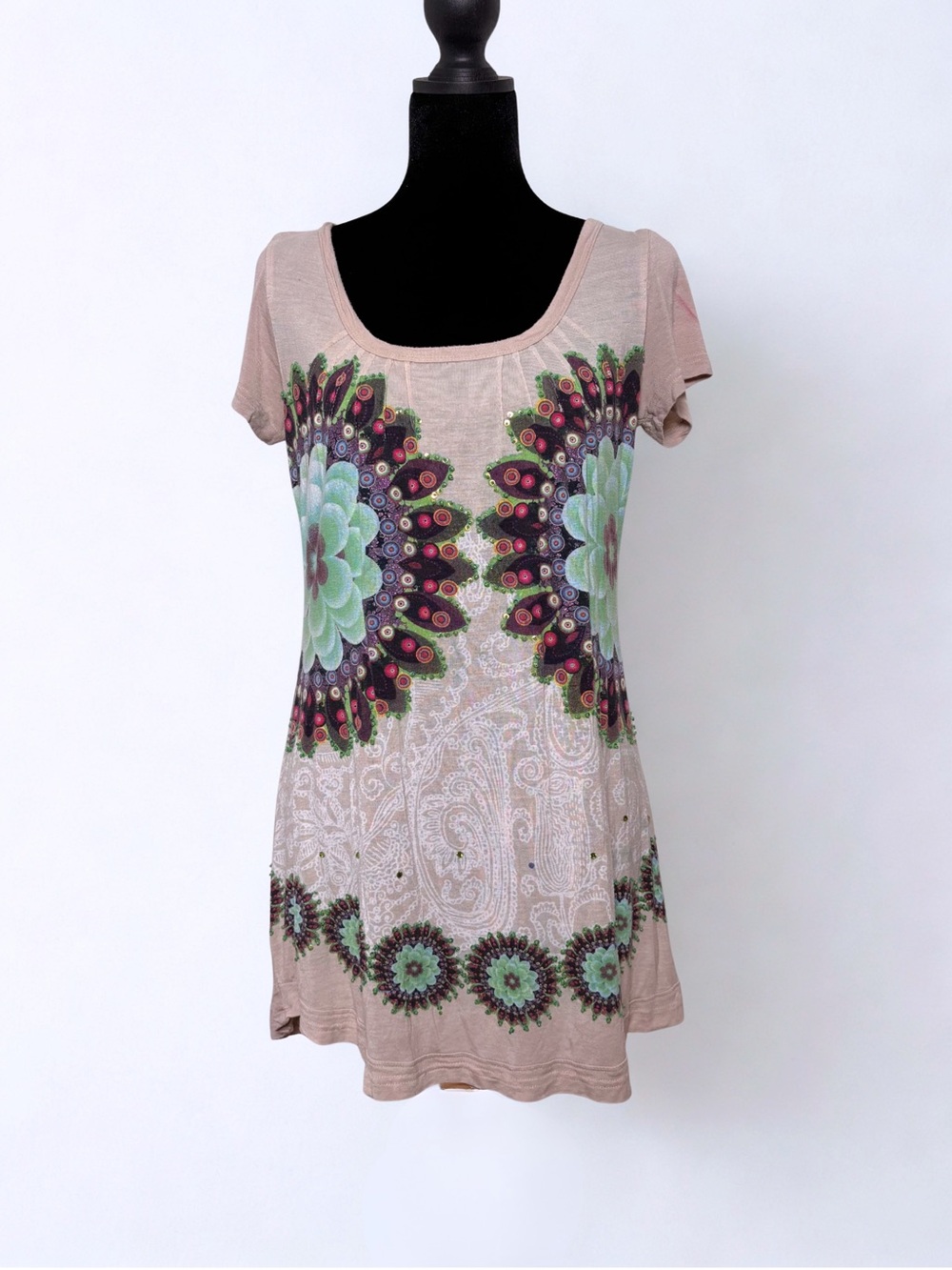 Vtg Y2K Desigual Taupe Turquoise Mandala Print Tee Size XL